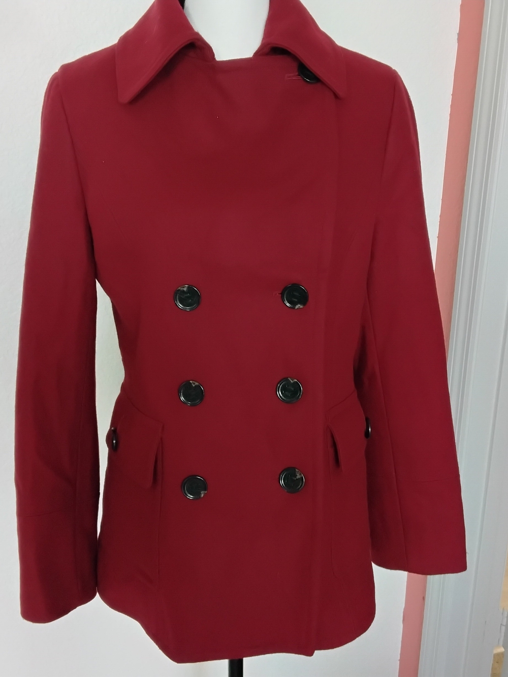 Calvin Klein Women's Red Double-Breasted Peacoat with Black Buttons